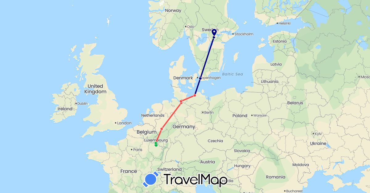 TravelMap itinerary: driving, bus, hiking in Germany, France, Luxembourg, Sweden (Europe)